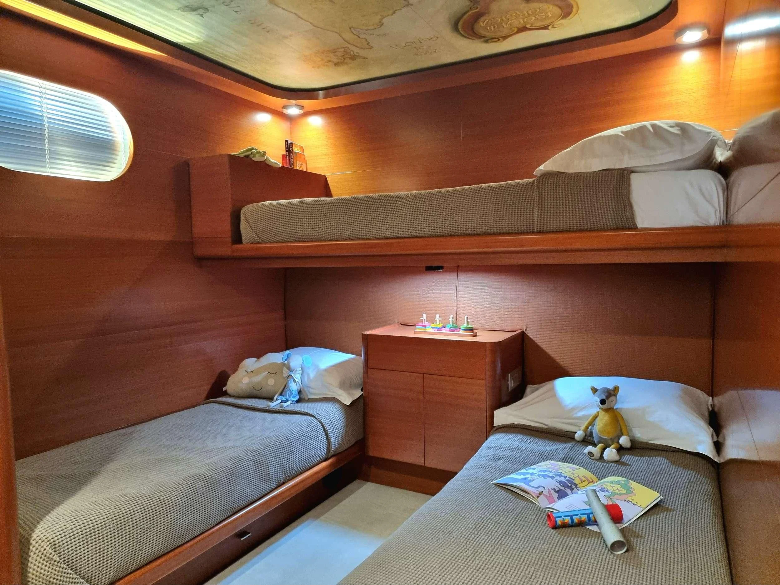 a room with two beds aboard SATORI Yacht for Sale