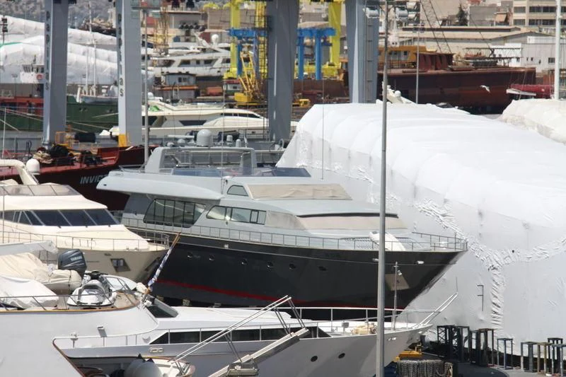 a group of boats are parked in a harbor aboard SATORI Yacht for Sale