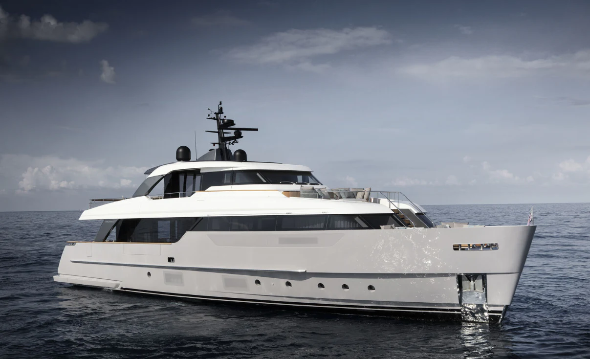 a white yacht on the water aboard FLORI Yacht for Sale
