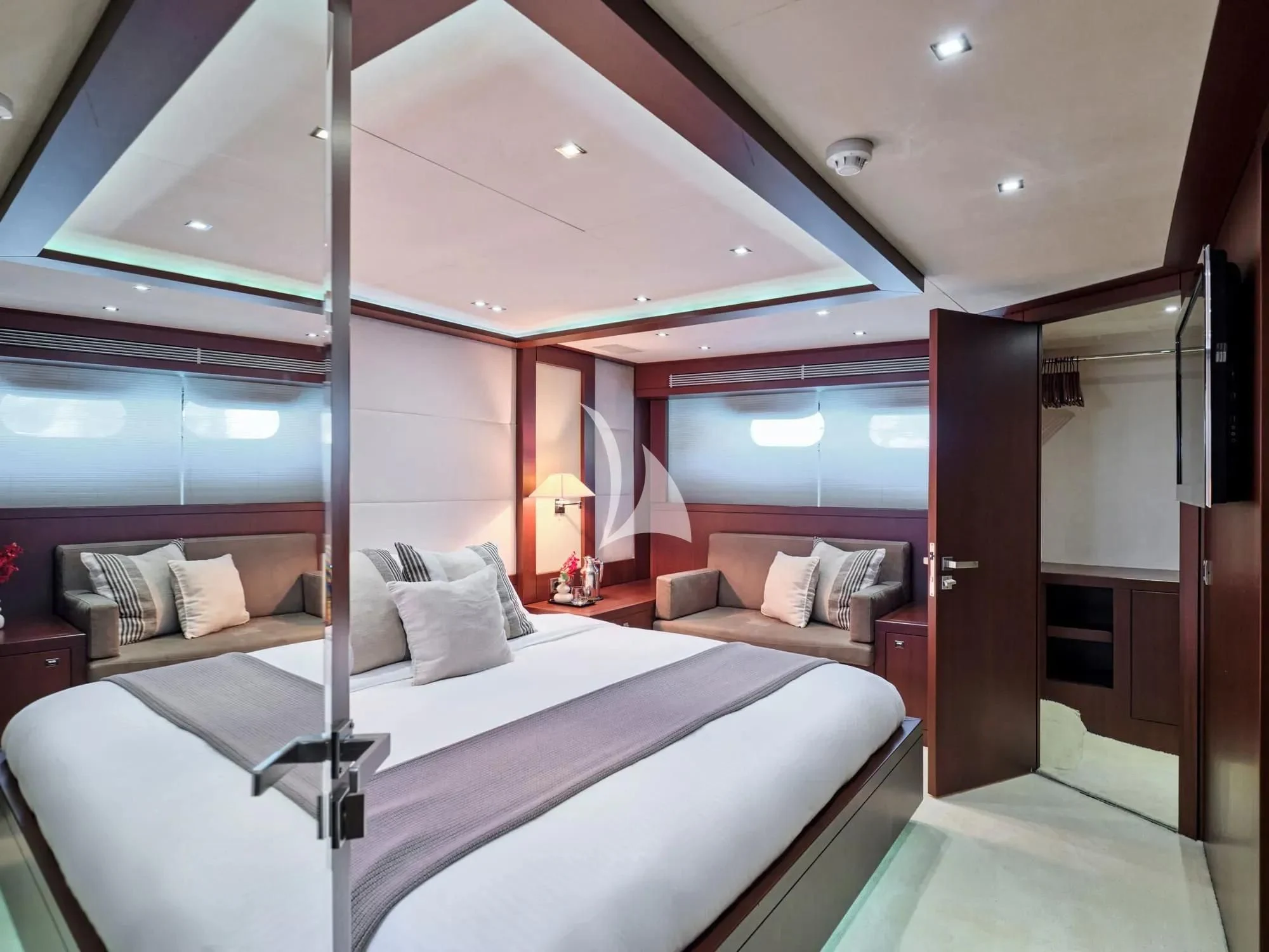 a bed in a room aboard SANJANA Yacht for Sale