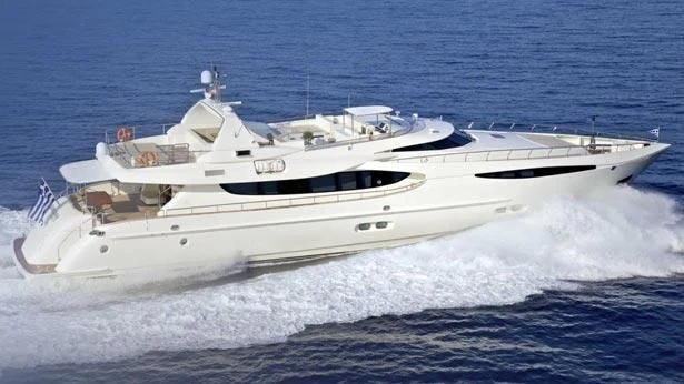 a white yacht on the water aboard SANJANA Yacht for Sale