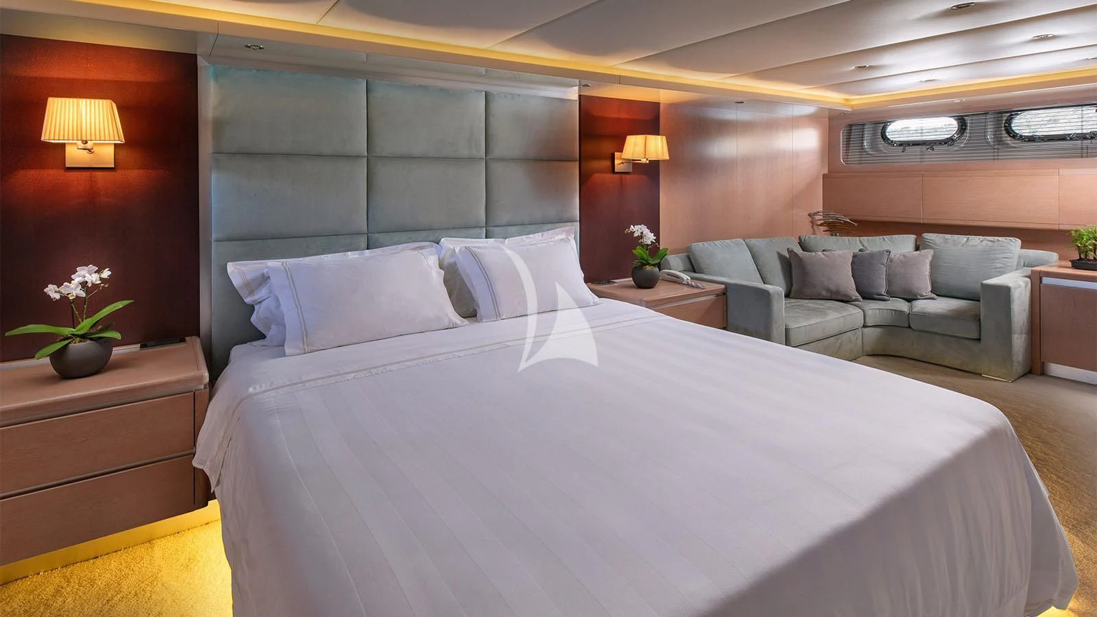 a bed with a white sheet aboard MAGIX Yacht for Sale