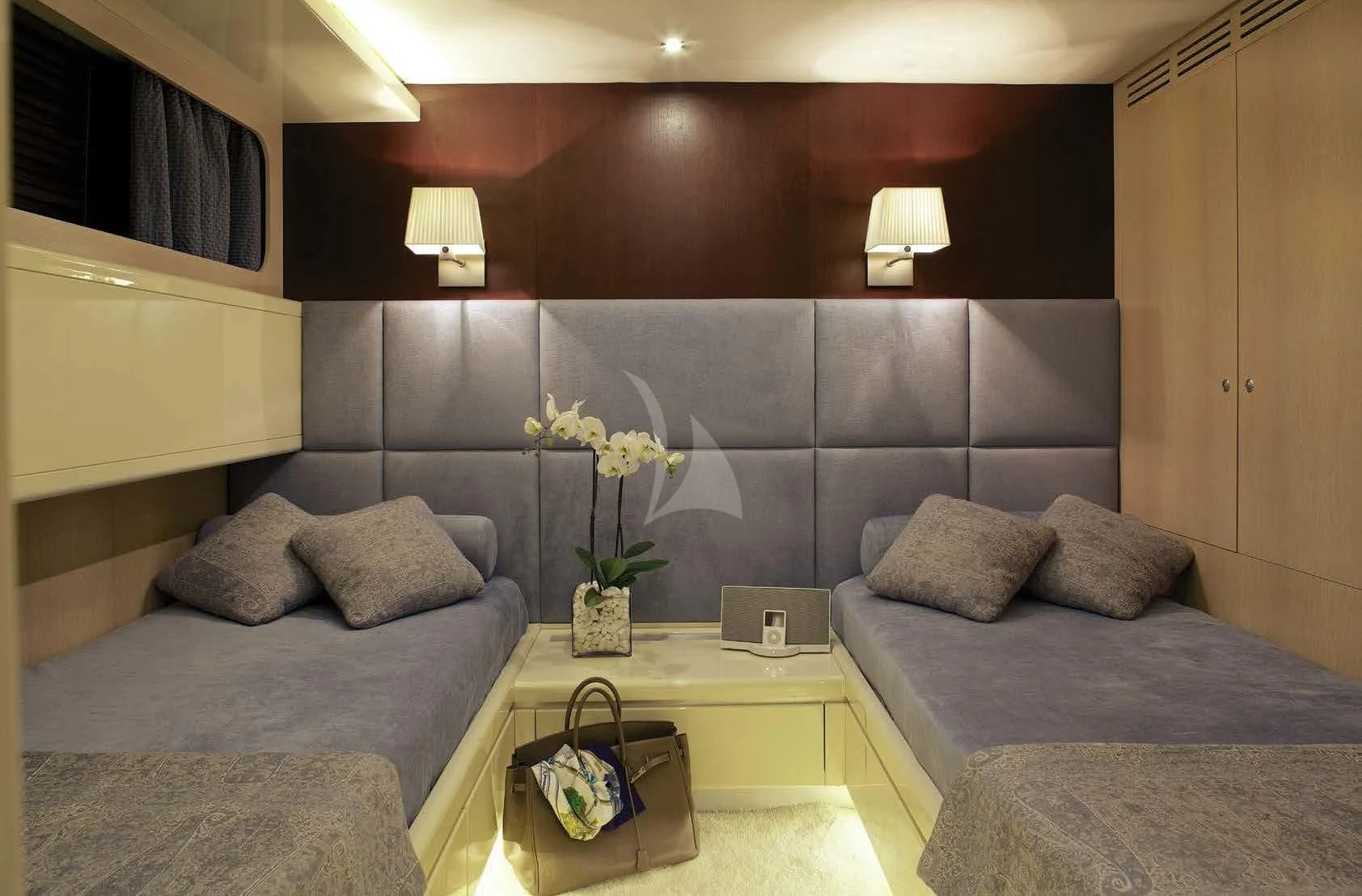 a room with a bed and a desk aboard MAGIX Yacht for Sale