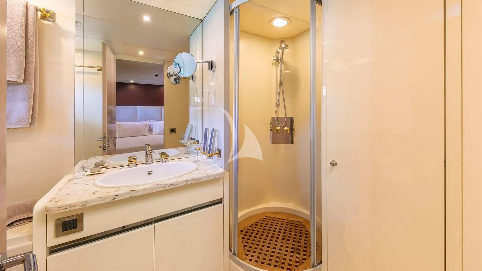 a bathroom with a sink and a mirror aboard MAGIX Yacht for Sale