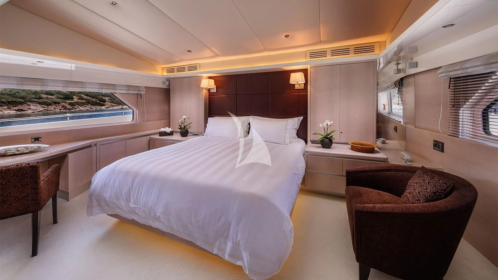 a large bedroom with a large bed aboard MAGIX Yacht for Sale