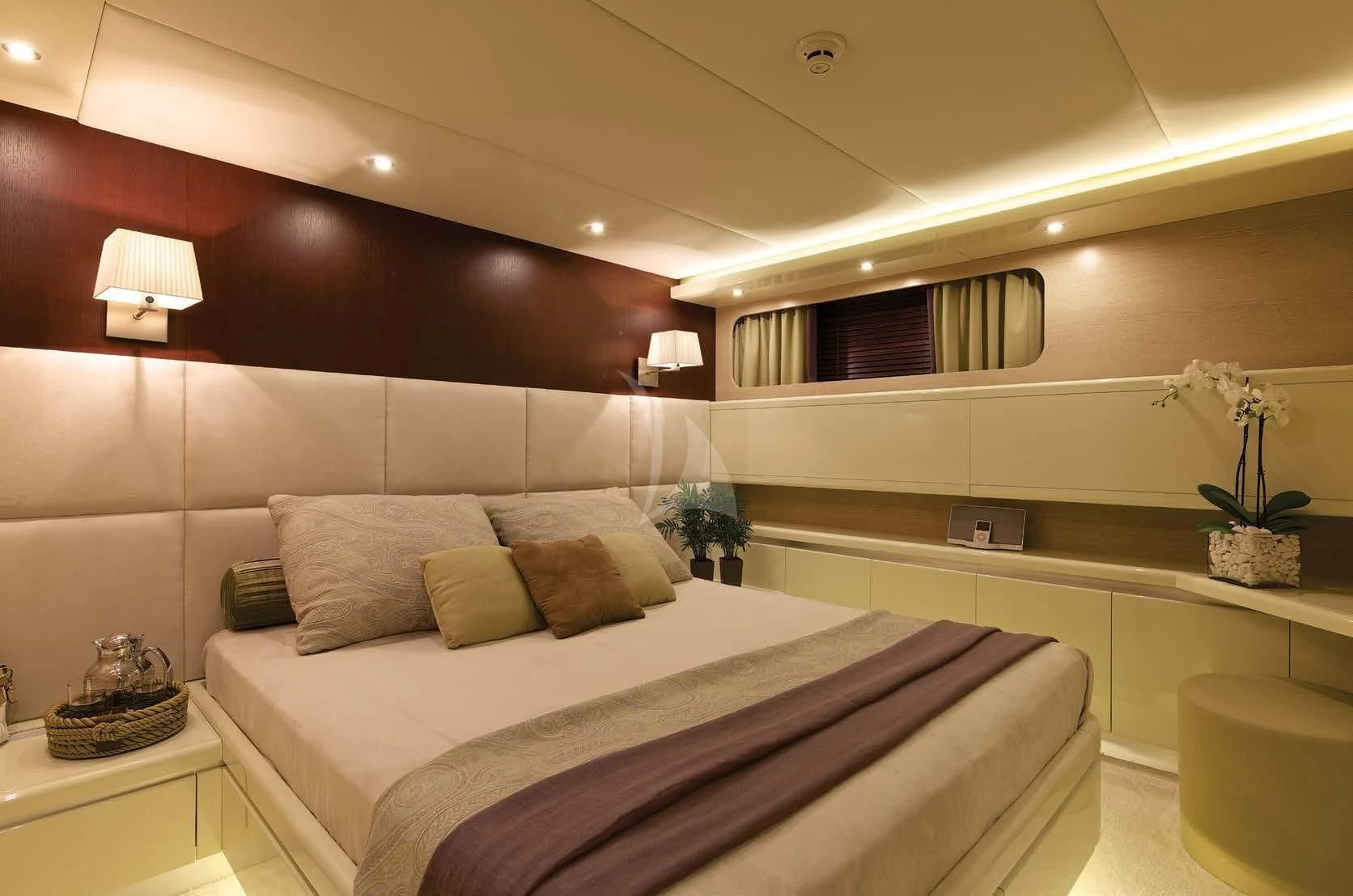 a bed with a white bed aboard MAGIX Yacht for Sale