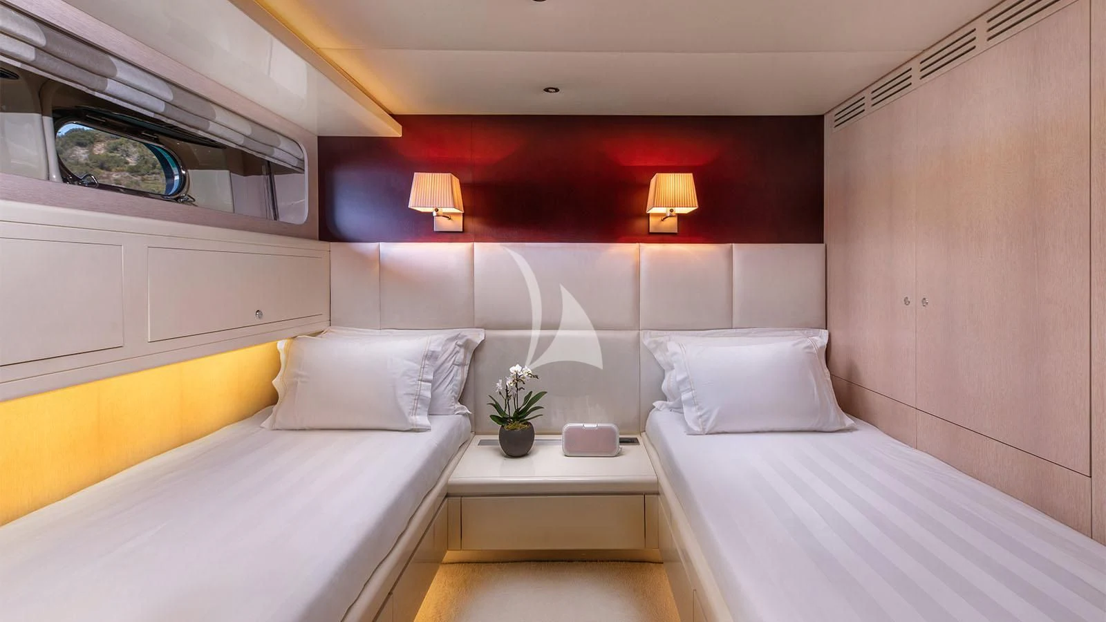 a room with a bed and a desk aboard MAGIX Yacht for Sale