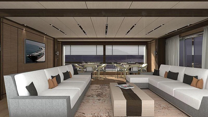 a living room with a large window aboard LADY NINA Yacht for Sale