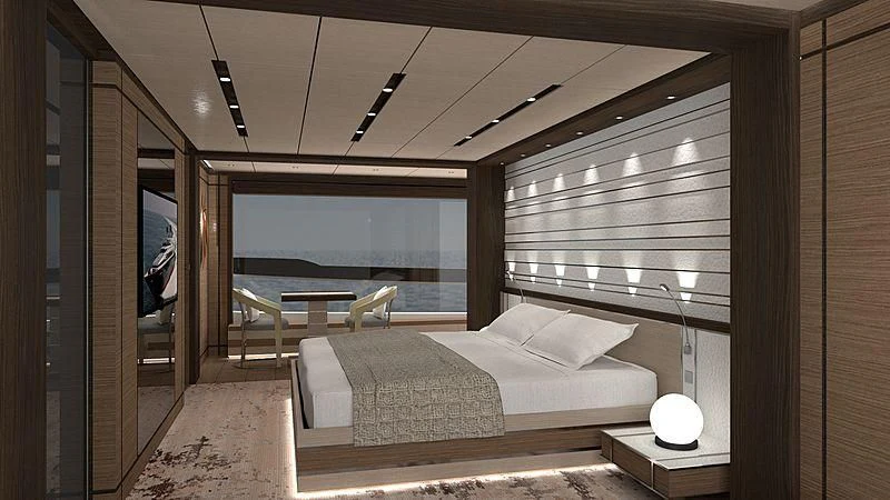 a room with a bed and a table aboard LADY NINA Yacht for Sale