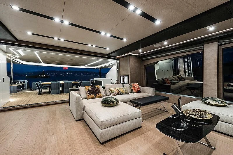 a living room with a large window aboard LADY NINA Yacht for Sale