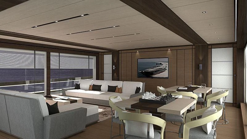 a room with tables and chairs aboard LADY NINA Yacht for Sale