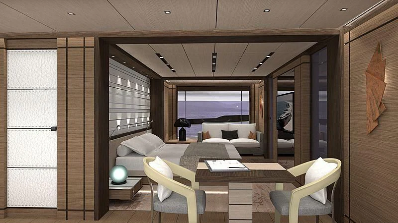a room with a table chairs and a window aboard LADY NINA Yacht for Sale