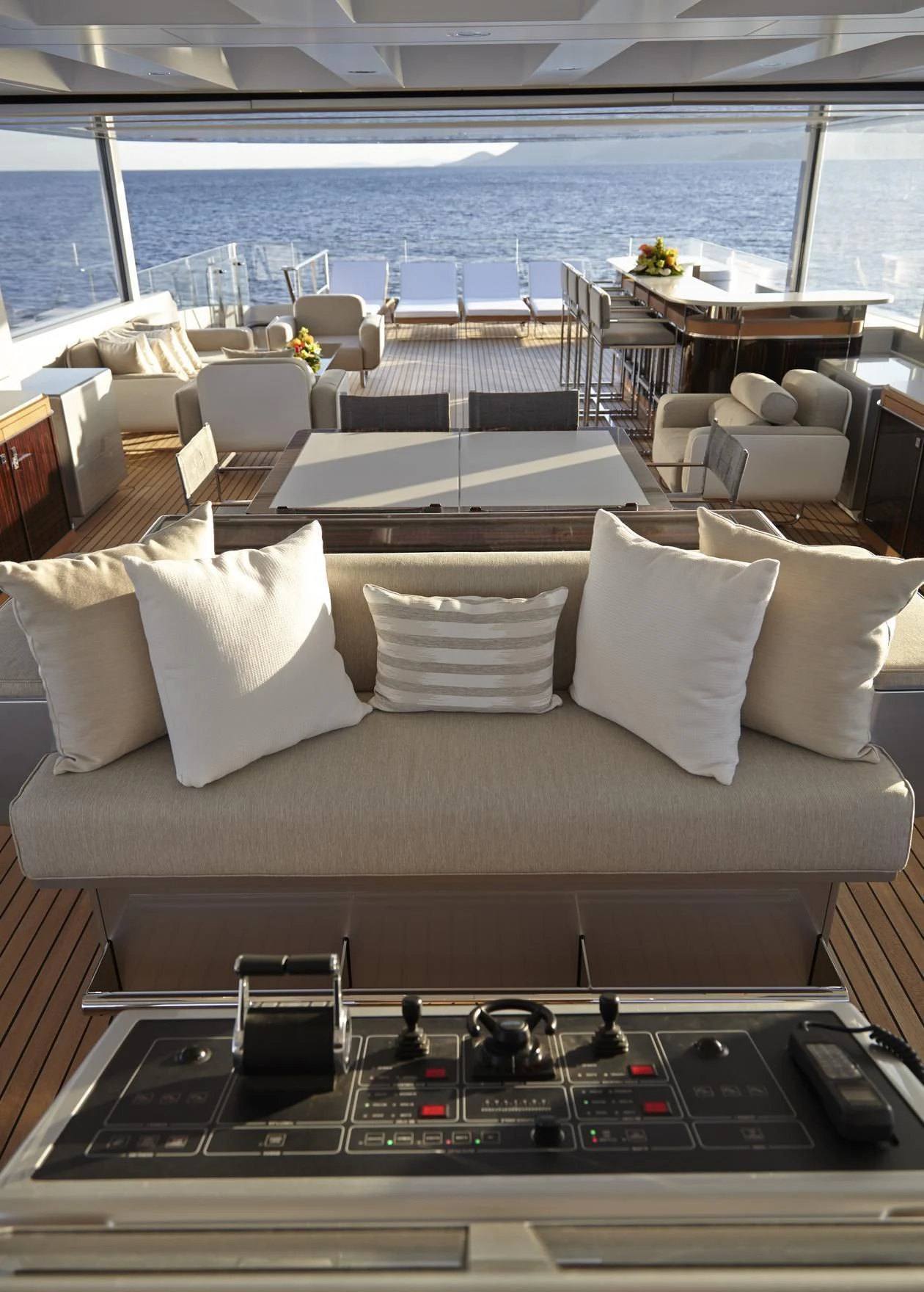 a living room with a large window aboard EXCELLENCE V Yacht for Sale