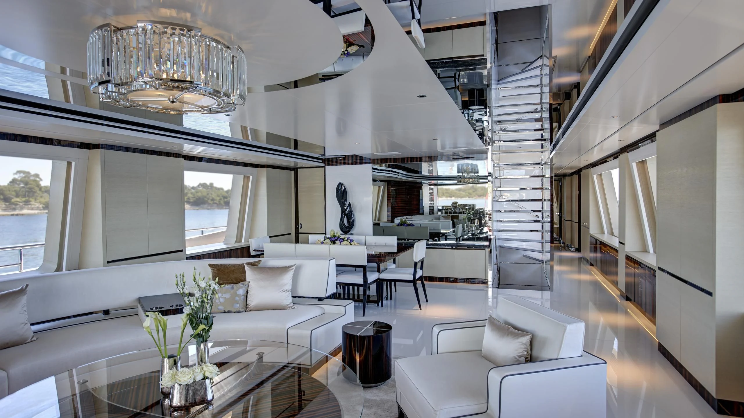 a modern looking living room aboard EXCELLENCE V Yacht for Sale