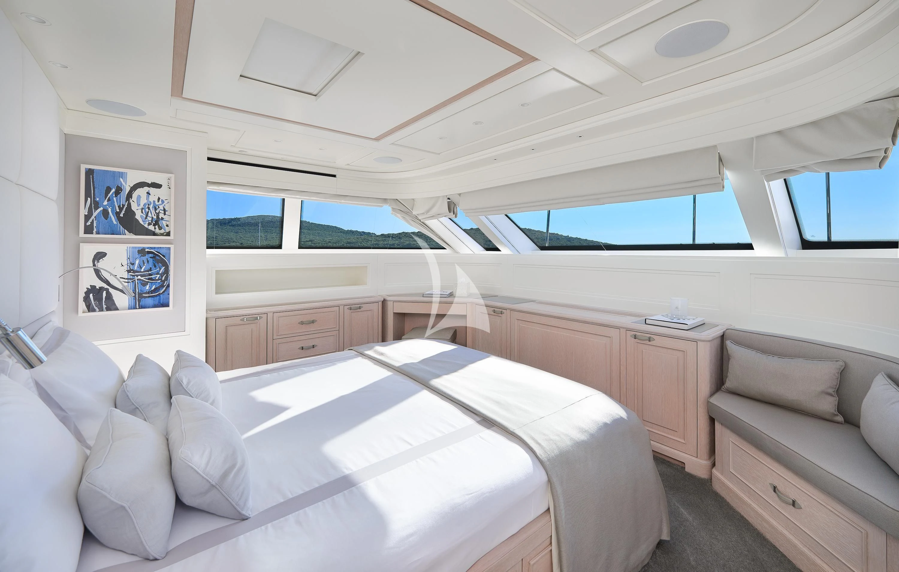 a bedroom with a bed and a couch aboard 2011 SANLORENZO SD92 FLYBRIDGE Yacht for Sale