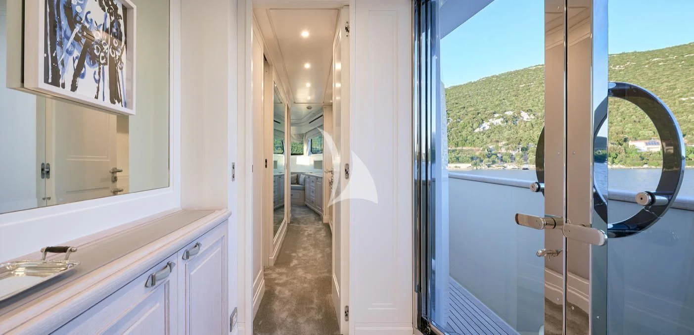 a bathroom with a large window aboard 2011 SANLORENZO SD92 FLYBRIDGE Yacht for Sale
