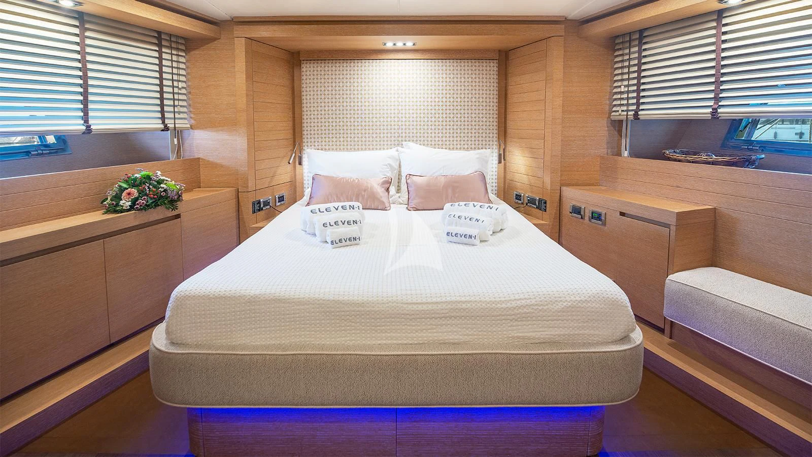 a bed in a room aboard ELEVEN I Yacht for Sale