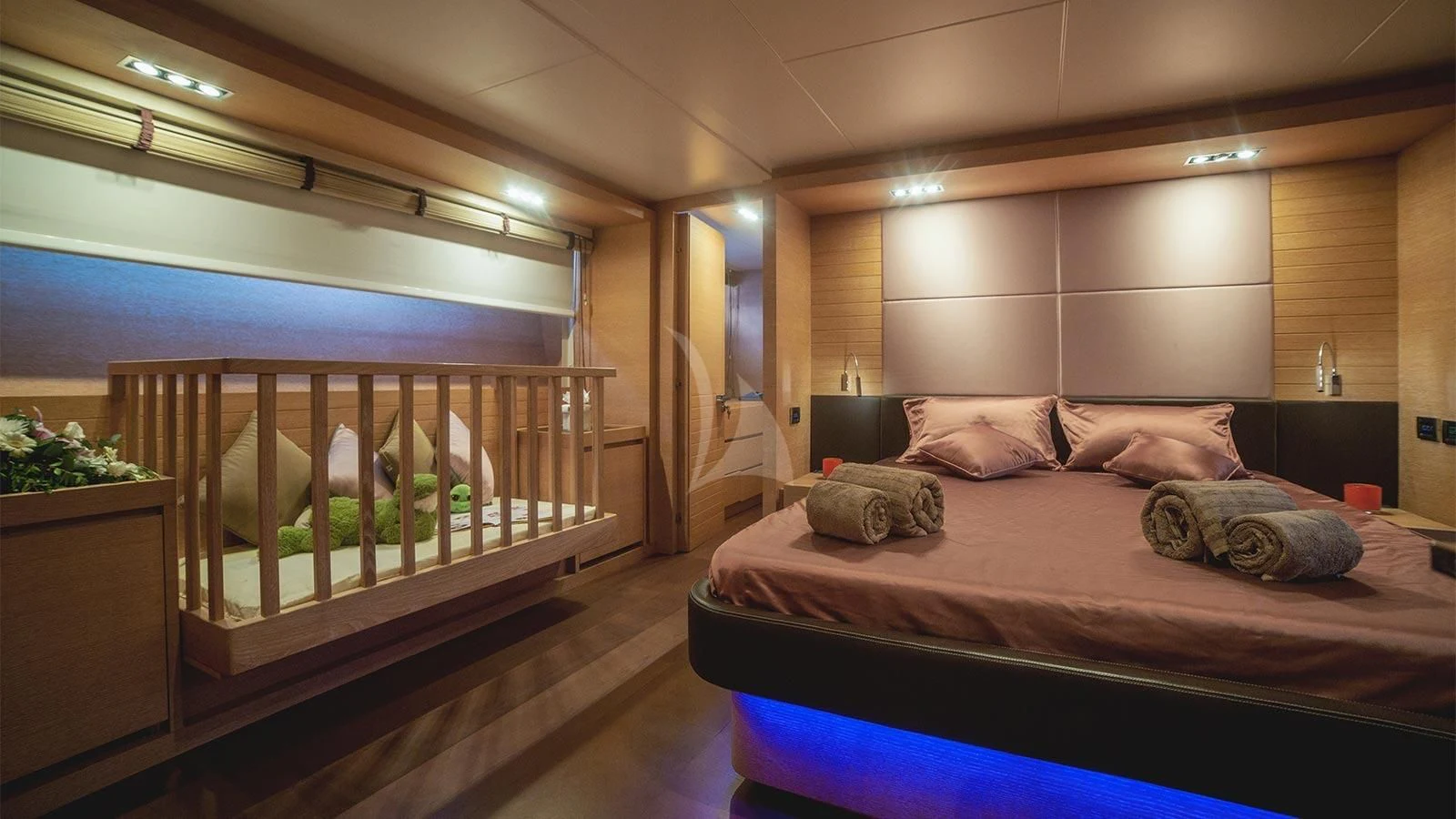 a bed in a room aboard ELEVEN I Yacht for Sale