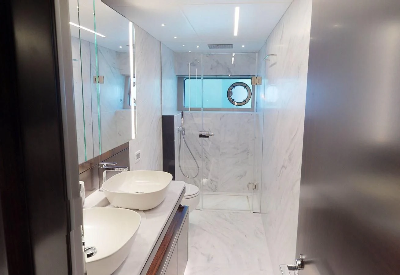 a bathroom with a sink and a shower aboard 88 YACHT Yacht for Sale