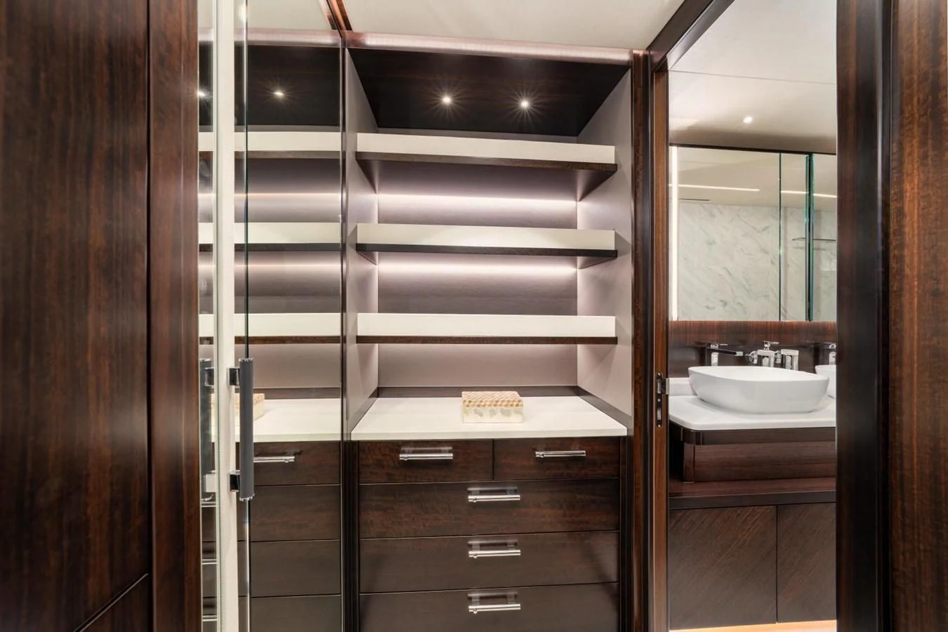 a bathroom with a glass shower unit aboard 88 YACHT Yacht for Sale