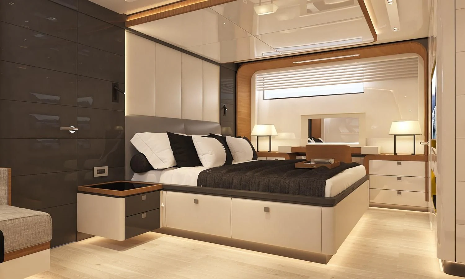 a large bedroom with a bed aboard 88 YACHT Yacht for Sale
