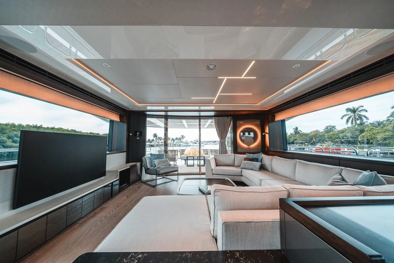 a living room with a large window aboard 88 YACHT Yacht for Sale