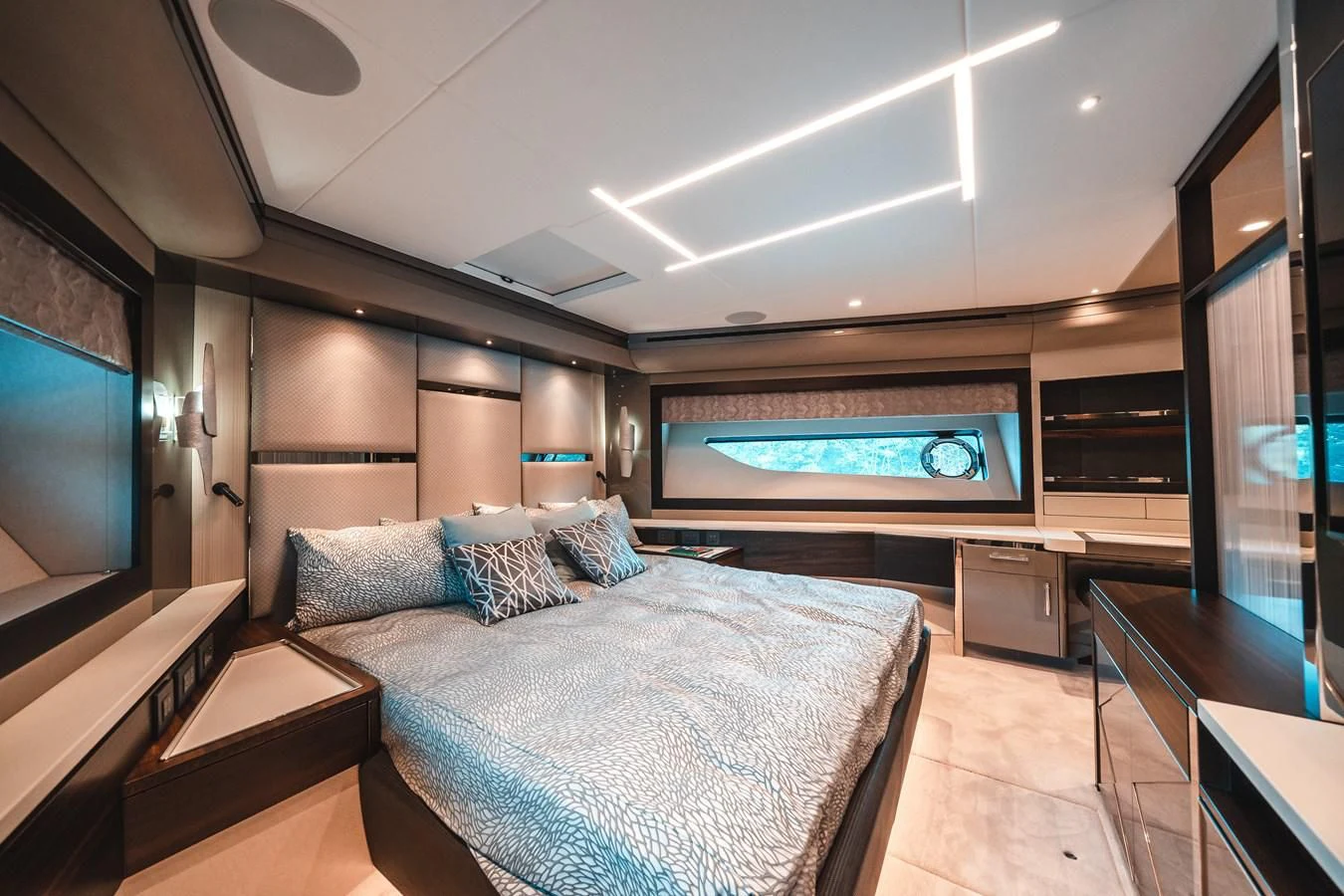 a large bedroom with a large bed aboard 88 YACHT Yacht for Sale