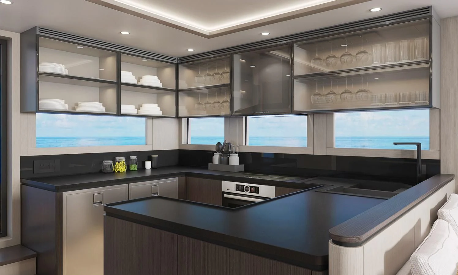 a kitchen with a large window aboard 88 YACHT Yacht for Sale