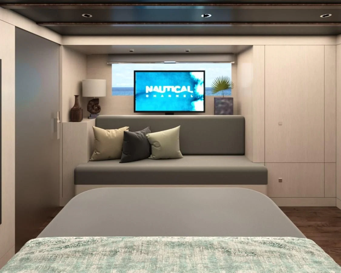 a bed with a tv on the wall aboard 88 YACHT Yacht for Sale