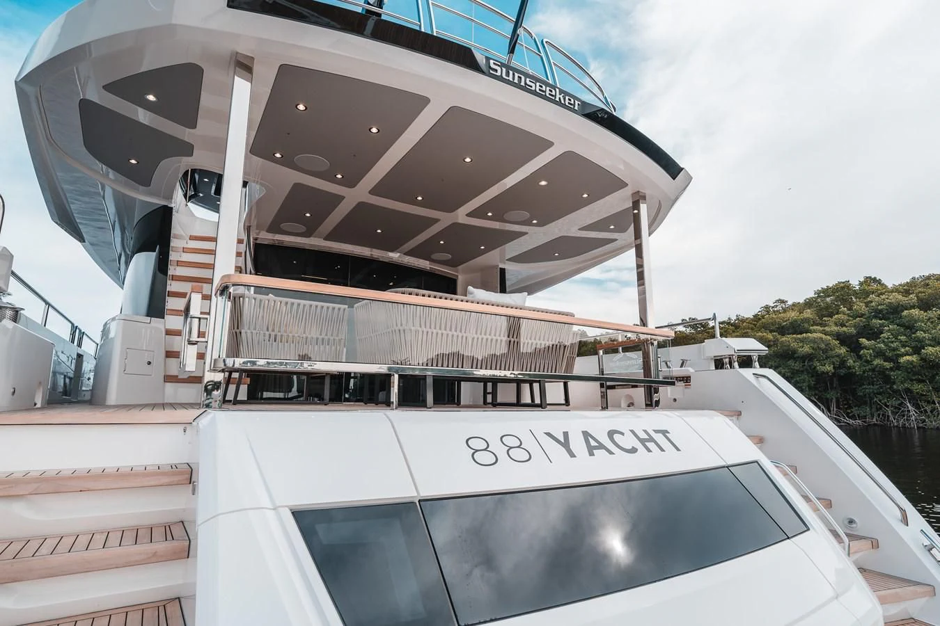 a large white boat with a large metal structure on the front aboard 88 YACHT Yacht for Sale