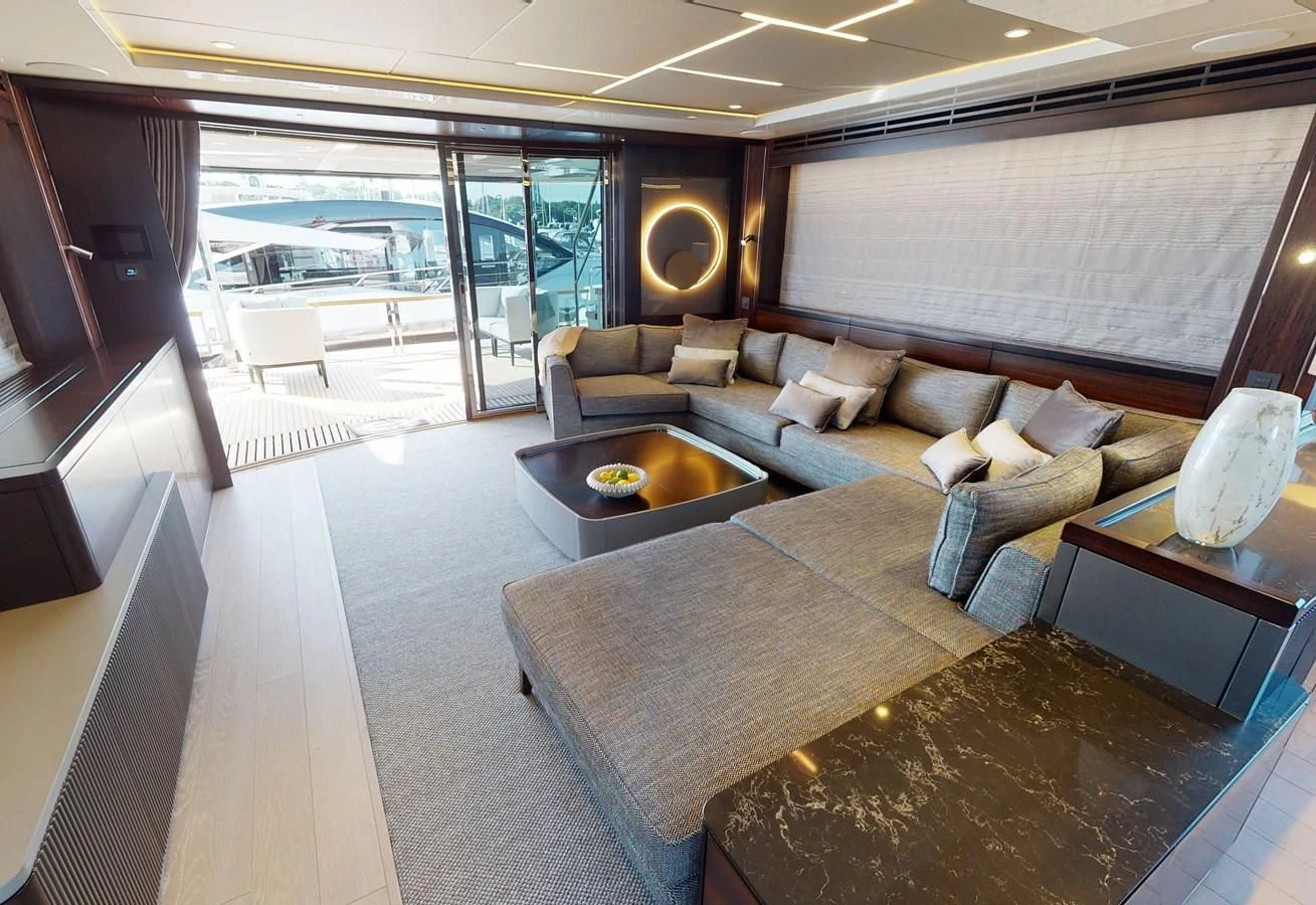 a living room with a large window aboard 88 YACHT Yacht for Sale