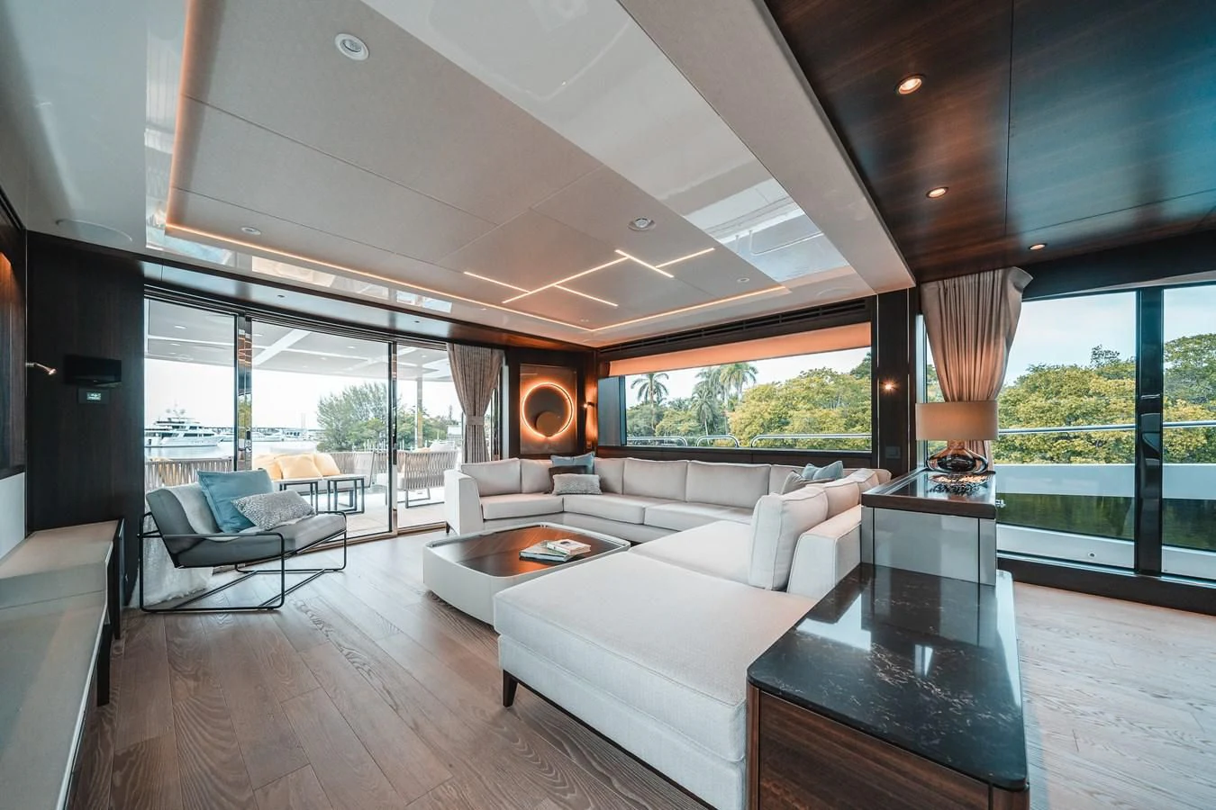 a living room with a large window aboard 88 YACHT Yacht for Sale