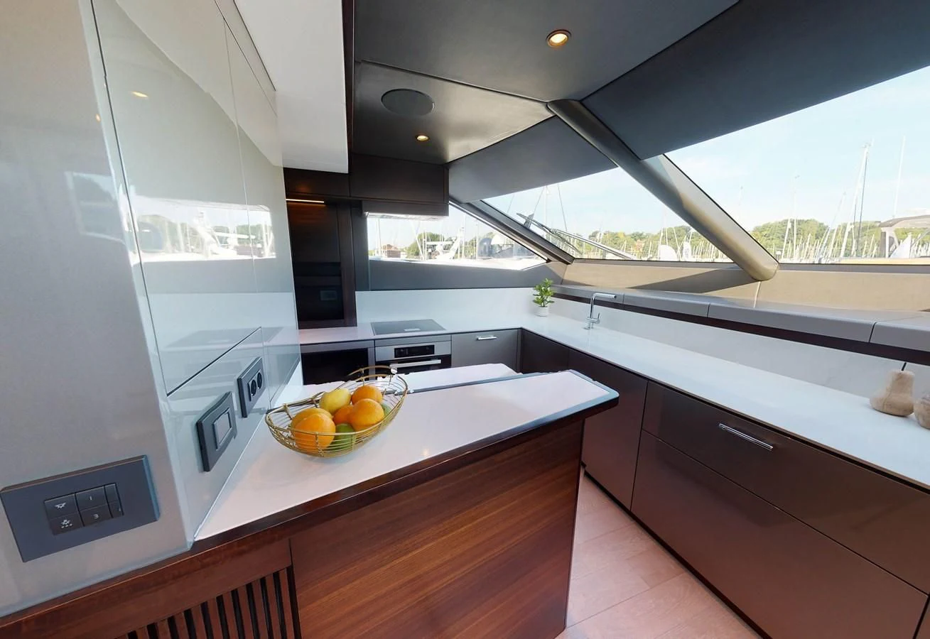 a kitchen with a large window aboard 88 YACHT Yacht for Sale