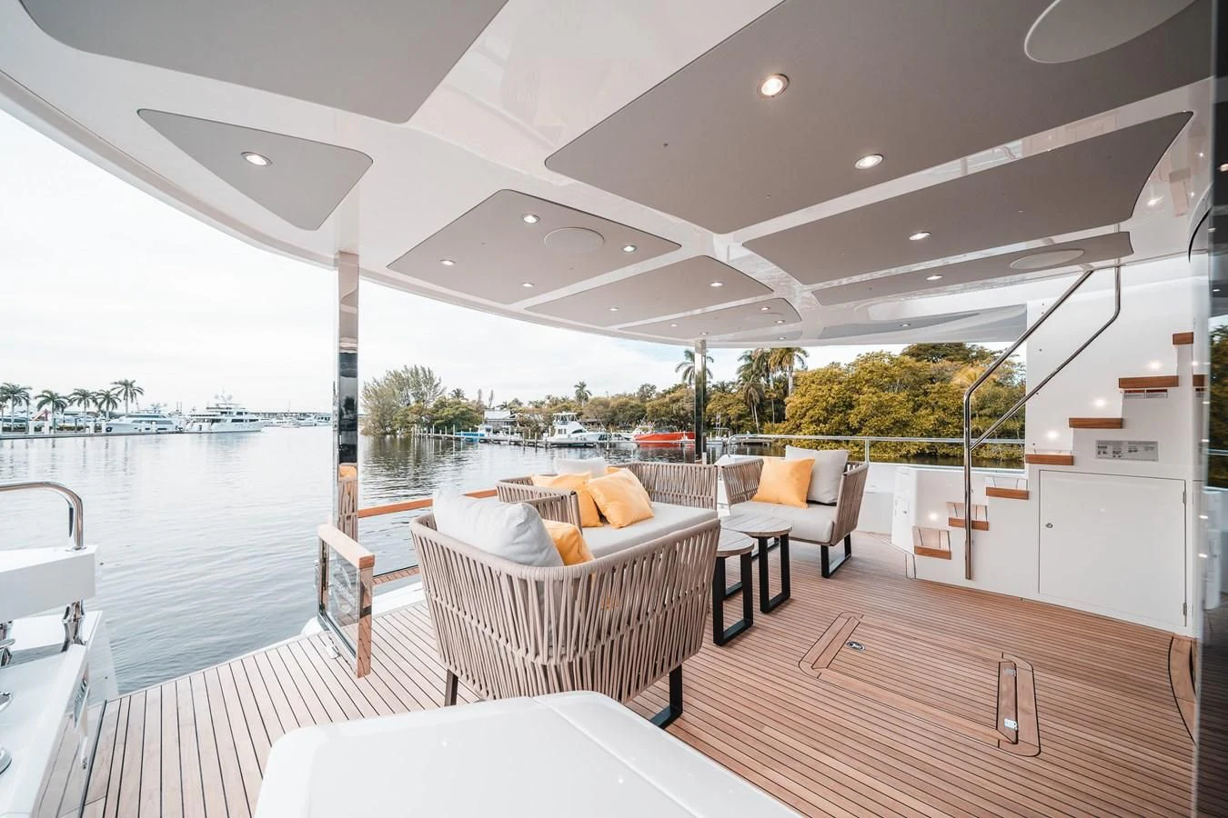 a living room with a large balcony aboard 88 YACHT Yacht for Sale