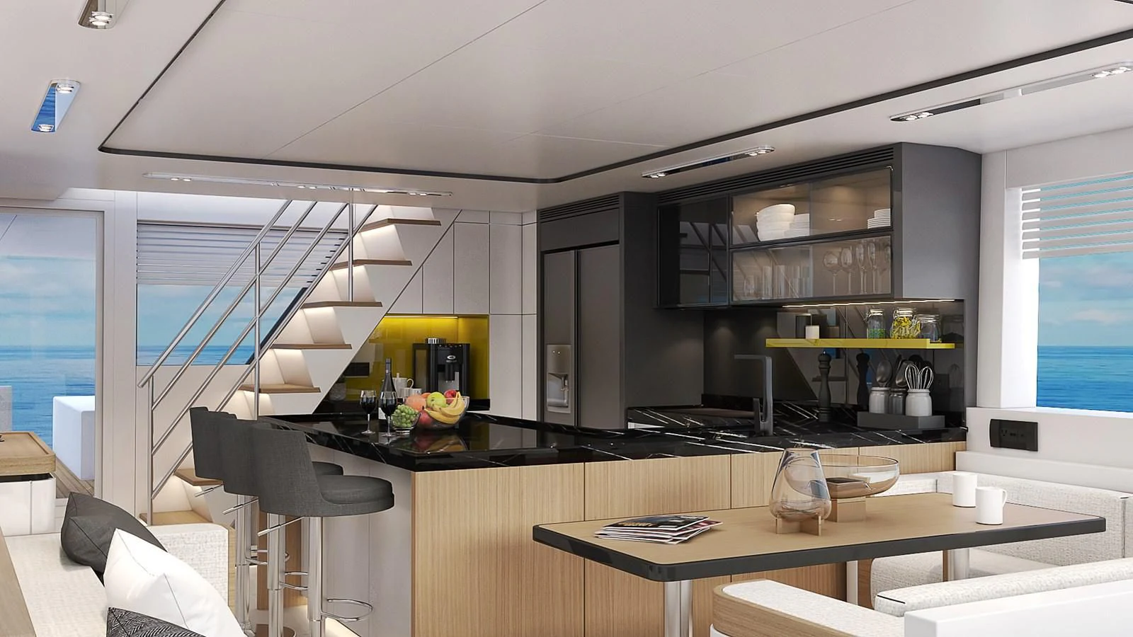 a kitchen with a large window aboard 88 YACHT Yacht for Sale