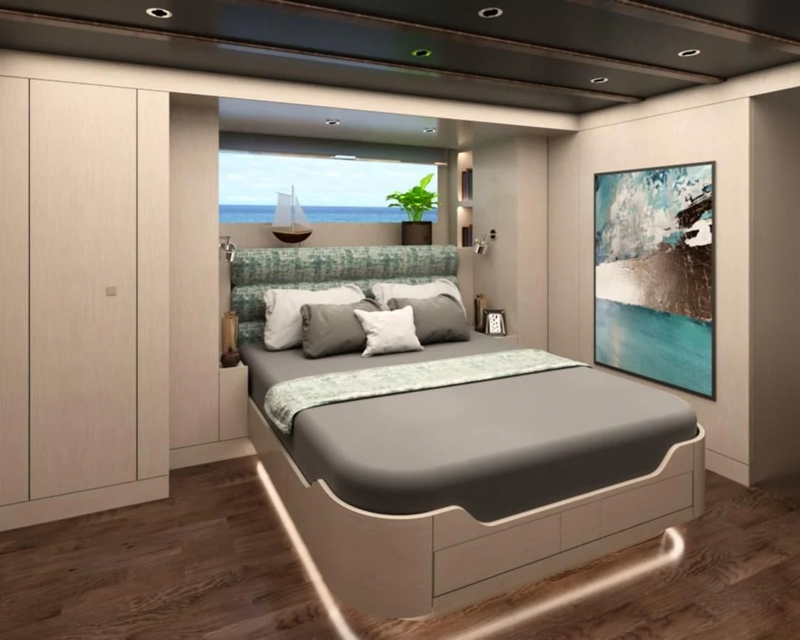 a room with a bed and a window aboard 88 YACHT Yacht for Sale