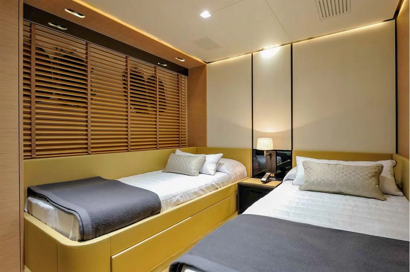 a room with two beds aboard BY BUBANNY Yacht for Sale