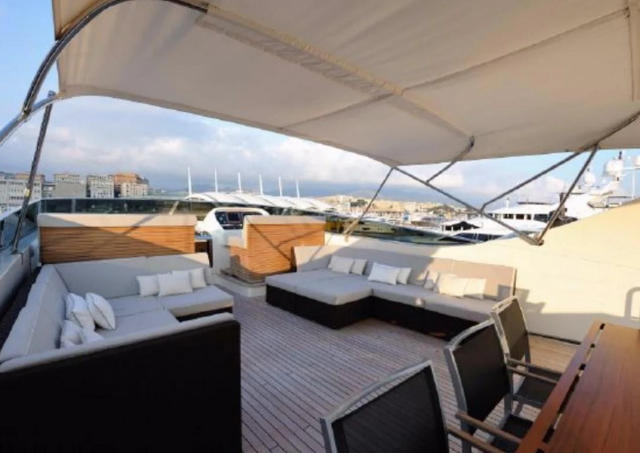 a rooftop with a view of a city and a large building aboard BY BUBANNY Yacht for Sale