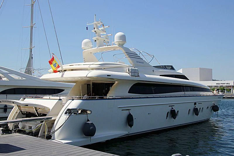 a white yacht docked aboard BY BUBANNY Yacht for Sale