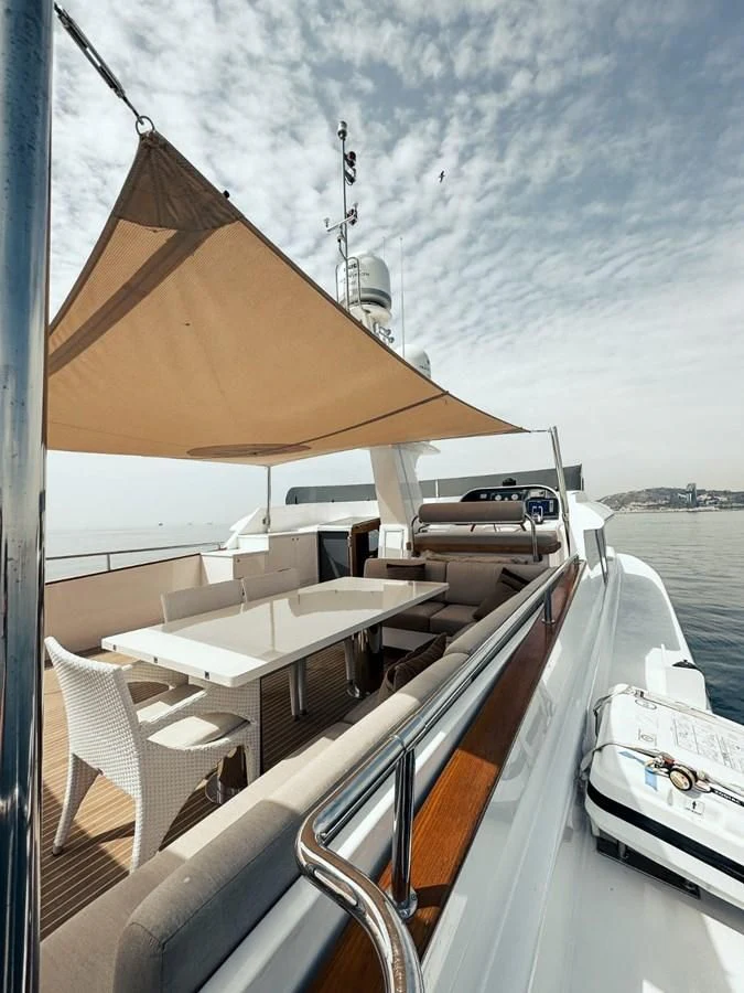 a boat with a canopy aboard LAZIZA Yacht for Sale