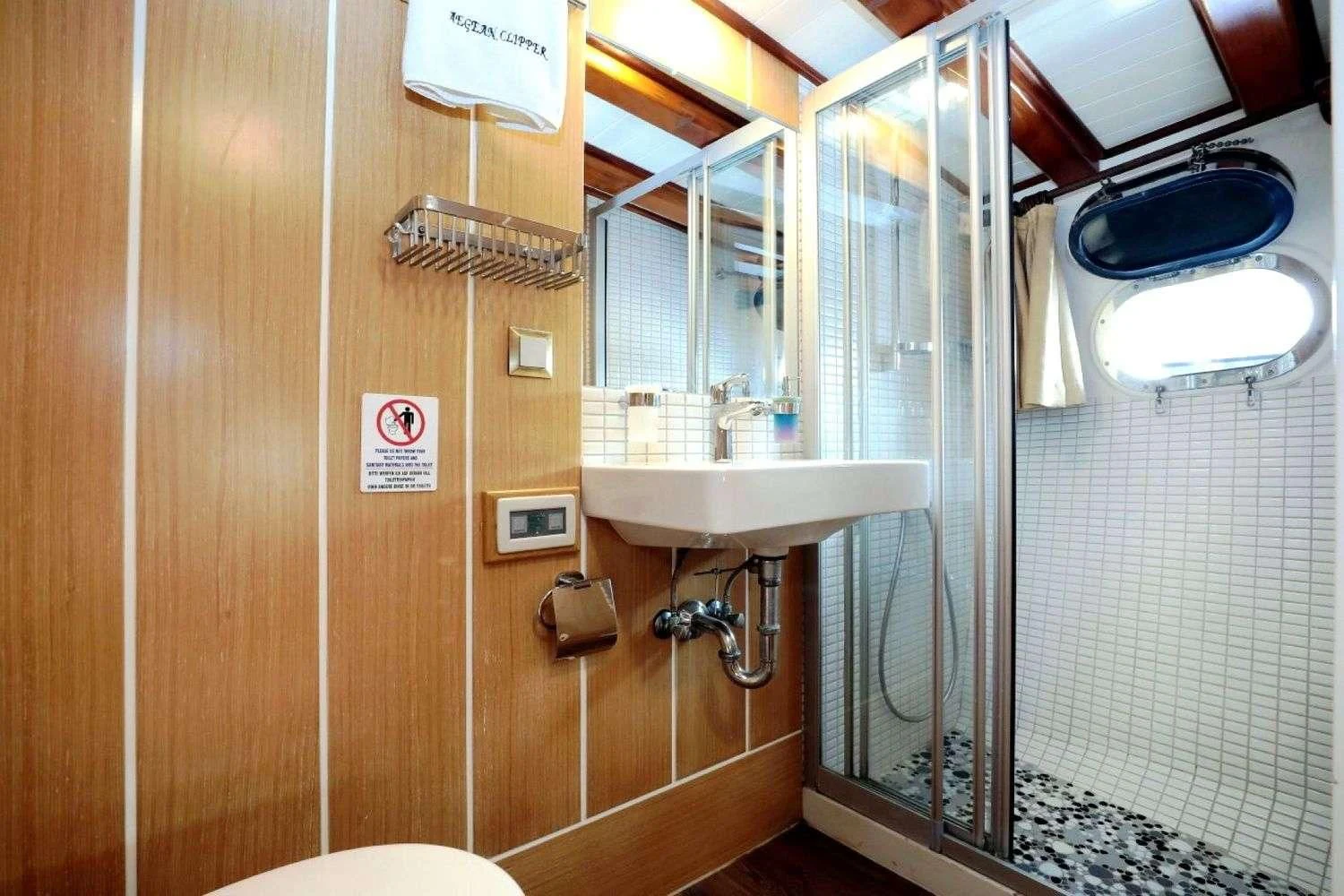 a bathroom with a shower aboard AEGEAN CLIPPER Yacht for Sale