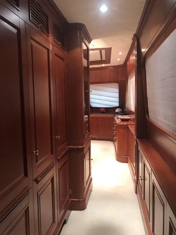 a hallway with a large screen aboard LADY ANN Yacht for Sale