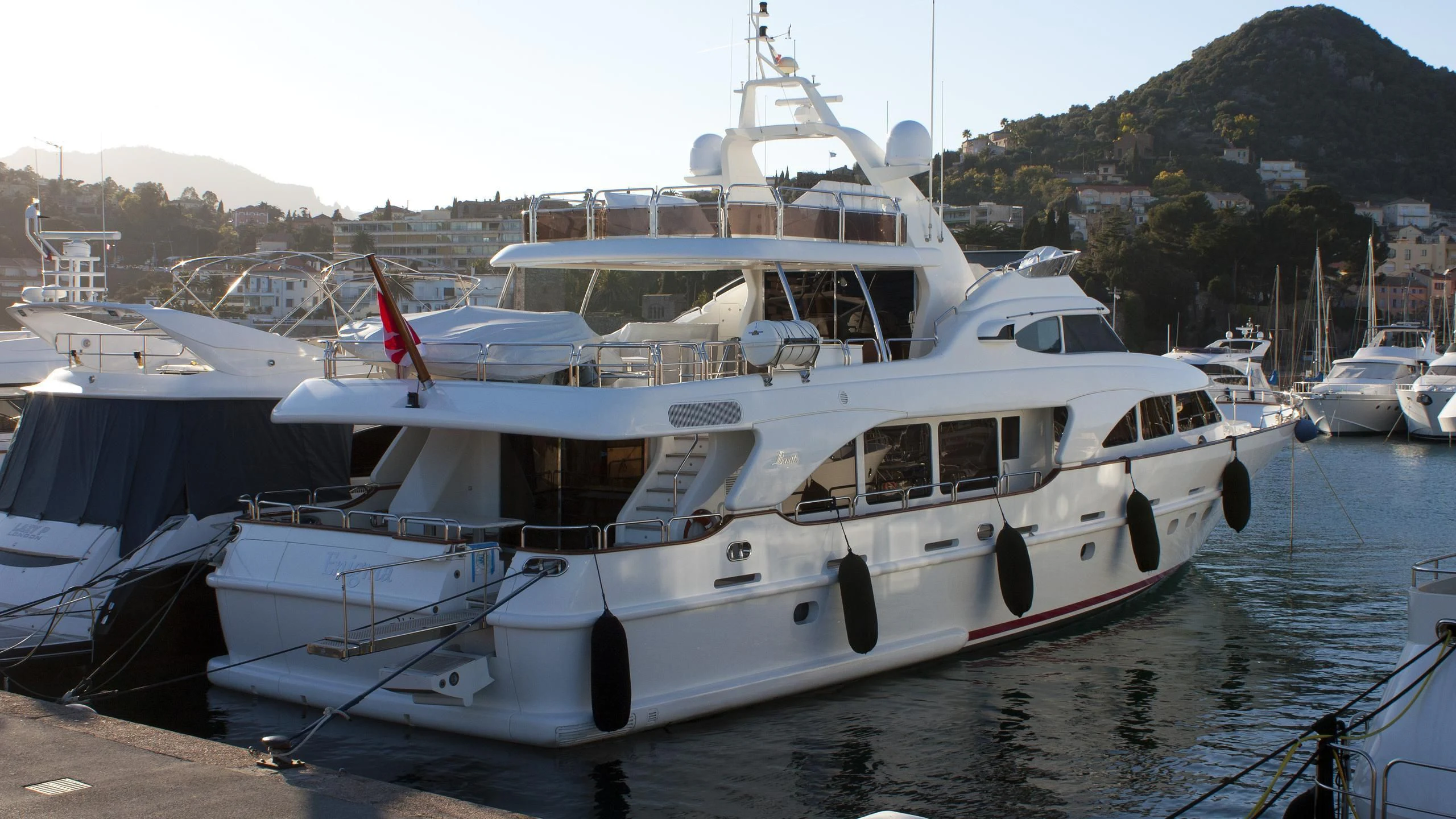 a boat docked at a pier aboard LADY ANN Yacht for Sale