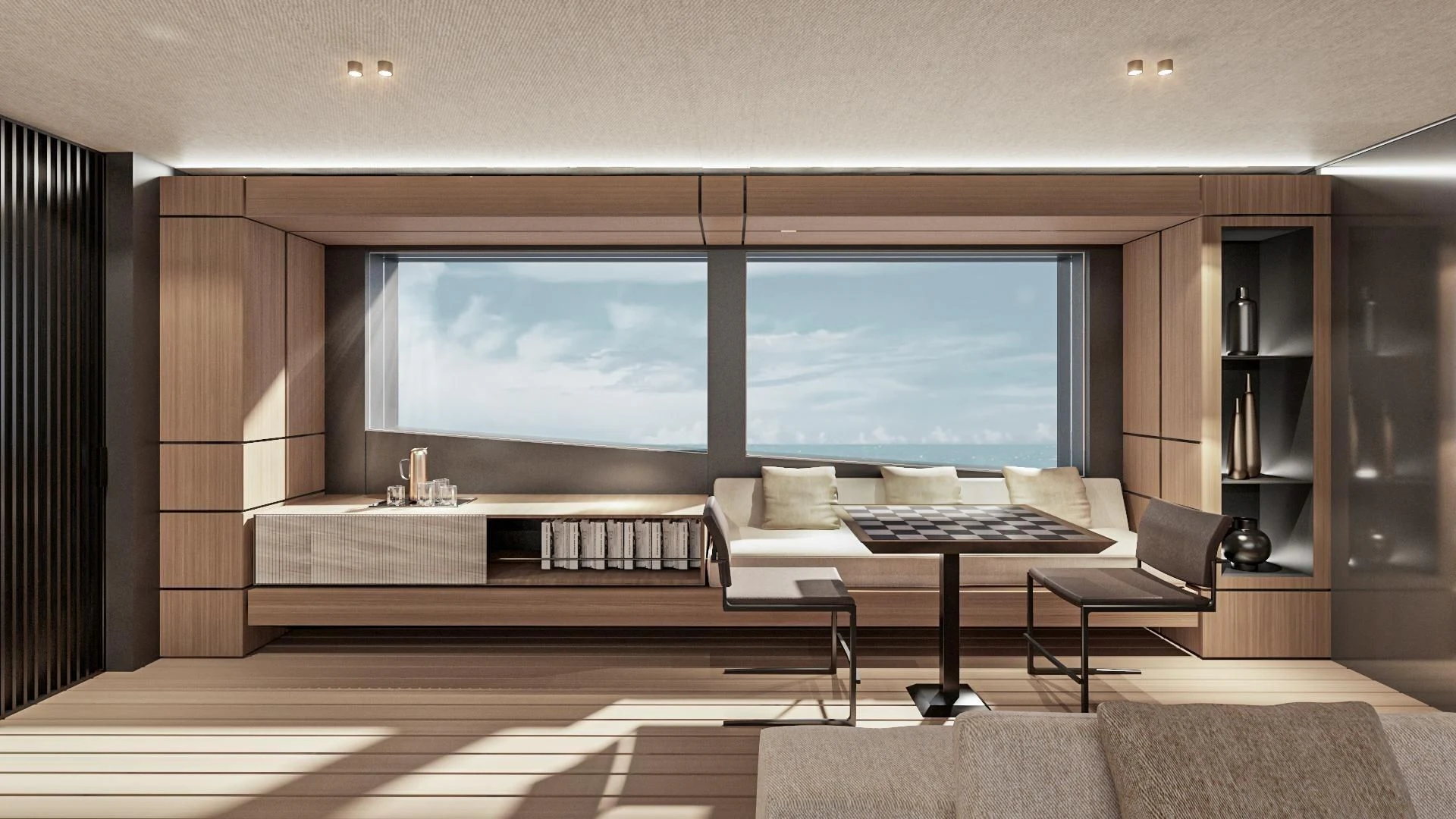 a room with a large window aboard EXTRA TIME Yacht for Sale