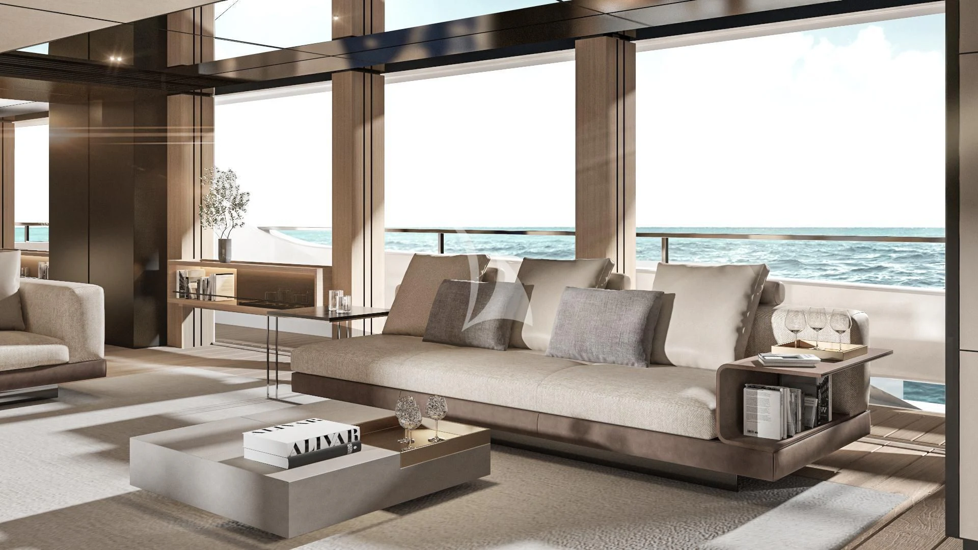 a living room with a large window aboard EXTRA TIME Yacht for Sale