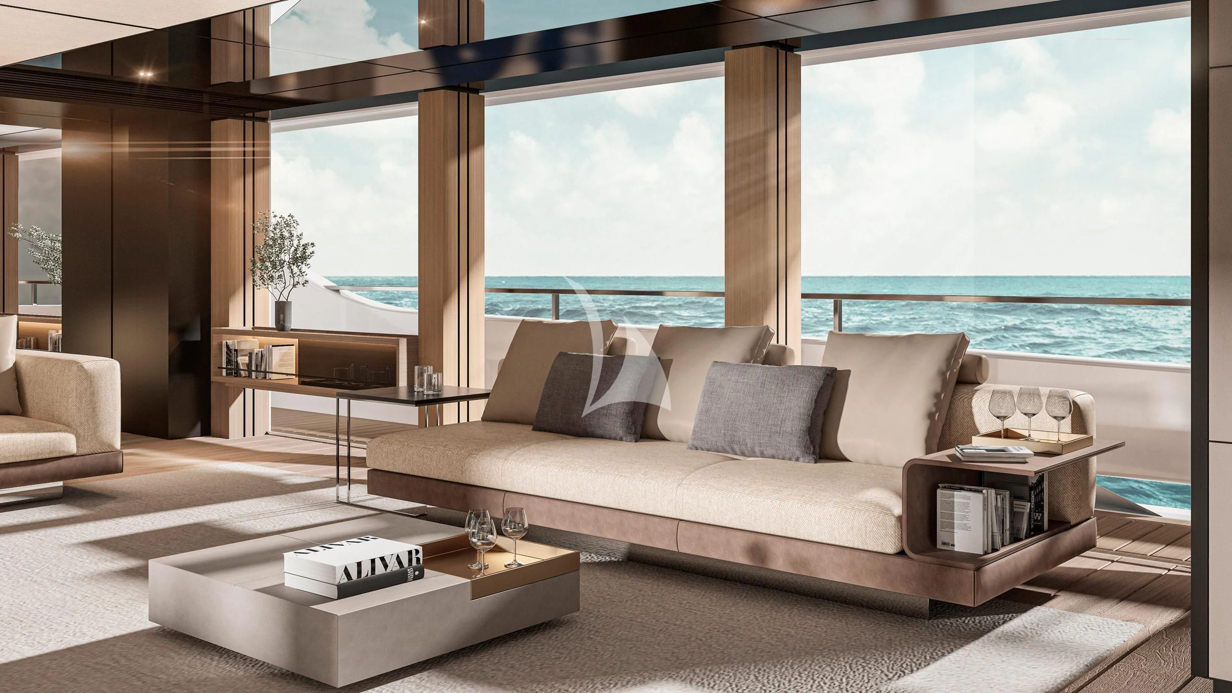 a living room with a large window aboard EXTRA TIME Yacht for Sale