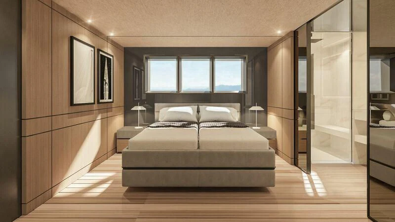 a bed in a room aboard EXTRA TIME Yacht for Sale