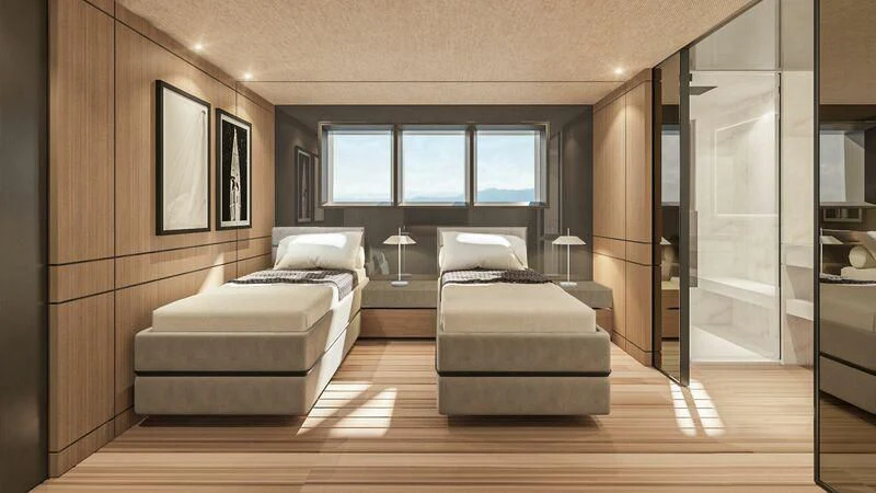 a room with a bed and a window aboard EXTRA TIME Yacht for Sale