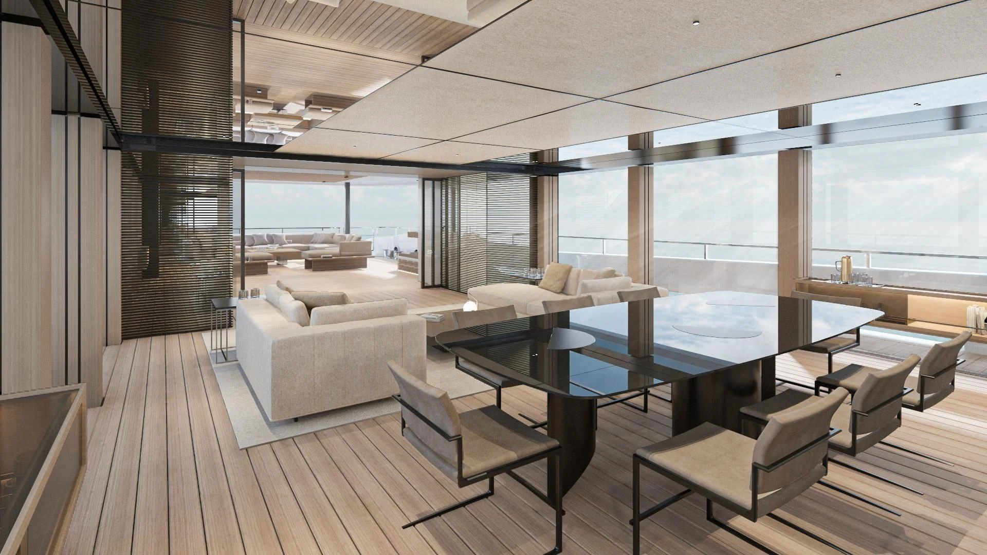 a room with a table chairs and a large window aboard EXTRA TIME Yacht for Sale