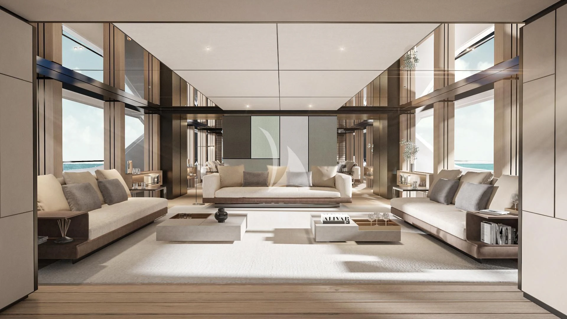 a living room with a large window aboard EXTRA TIME Yacht for Sale